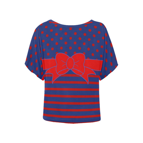 Polka Dots Stripes Ribbon blue red Women's Batwing-Sleeved Blouse T shirt (Model T44)