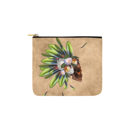 Amazing skull with feathers and flowers Carry-All Pouch 6''x5''