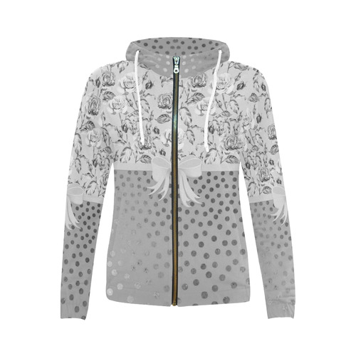 Vintage Roses Polka Dots Ribbon - Grey Silver All Over Print Full Zip Hoodie for Women (Model H14)