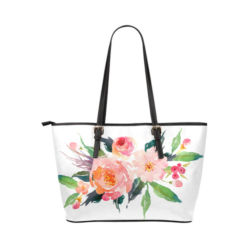 Pink Red Watercolor Floral Leather Tote Bag/Small (Model 1651)