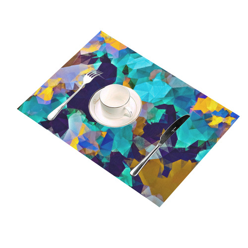 psychedelic geometric polygon abstract pattern in green blue brown yellow Placemat 14’’ x 19’’ (Set of 6)
