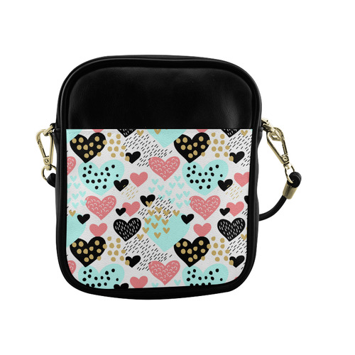 Cute Retro Pink Gold Aqua Hearts Pattern Sling Bag (Model 1627)