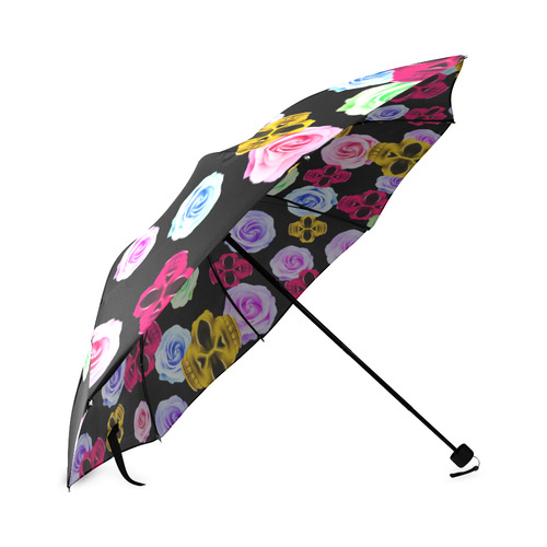 skull portrait in pink and yellow with colorful rose and black background Foldable Umbrella (Model U01)