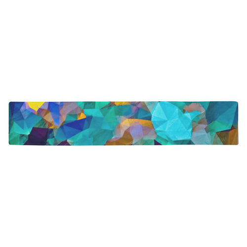 psychedelic geometric polygon abstract pattern in green blue brown yellow Table Runner 14x72 inch