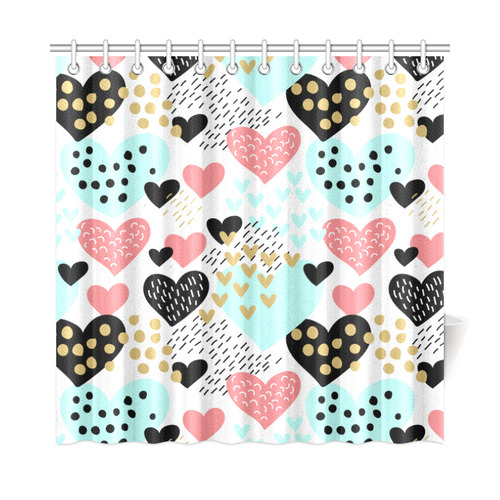 Cute Retro Pink Gold Aqua Hearts Pattern Shower Curtain 72"x72"