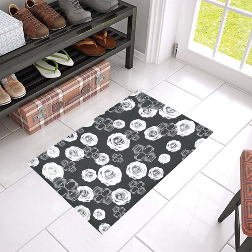 vintage skull and rose abstract pattern in black and white Azalea Doormat 24" x 16" (Sponge Material)