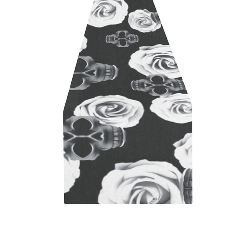 vintage skull and rose abstract pattern in black and white Table Runner 16x72 inch