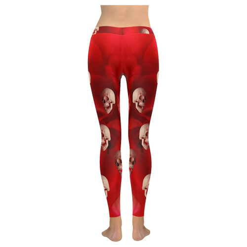 Funny Skulls Red Rose Women's Low Rise Leggings (Invisible Stitch) (Model L05)