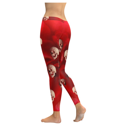 Funny Skulls Red Rose Women's Low Rise Leggings (Invisible Stitch) (Model L05)