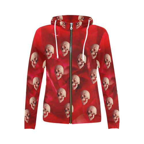 Funny Skulls Red Rose All Over Print Full Zip Hoodie for Women (Model H14)