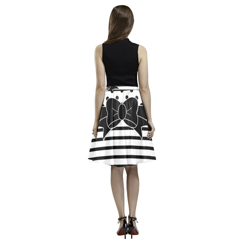 Polka Dots Stripes black white Ribbon black Melete Pleated Midi Skirt (Model D15)
