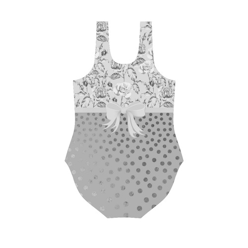 Vintage Roses Polka Dots Ribbon - Grey Silver Vest One Piece Swimsuit (Model S04)