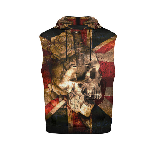 Grunge Skull and British Flag All Over Print Sleeveless Hoodie for Men (Model H15)