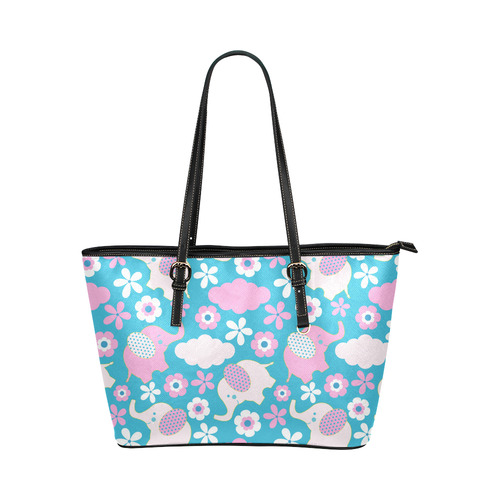 Cute Baby Pink Elephant Floral Leather Tote Bag/Large (Model 1651)