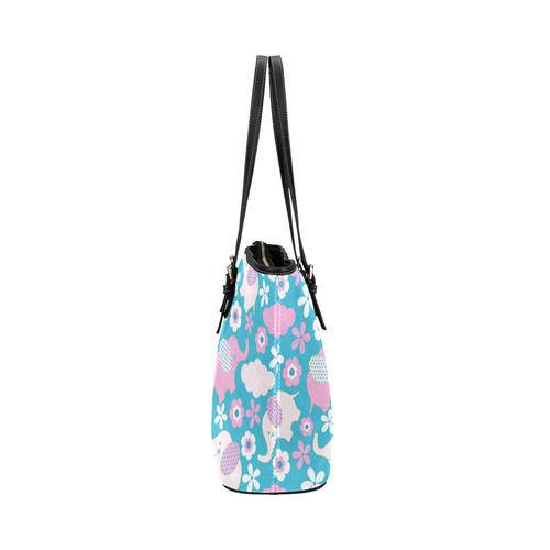 Cute Baby Pink Elephant Floral Leather Tote Bag/Large (Model 1651)