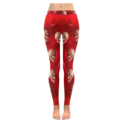 Funny Skulls Red Rose Women's Low Rise Leggings (Invisible Stitch) (Model L05)