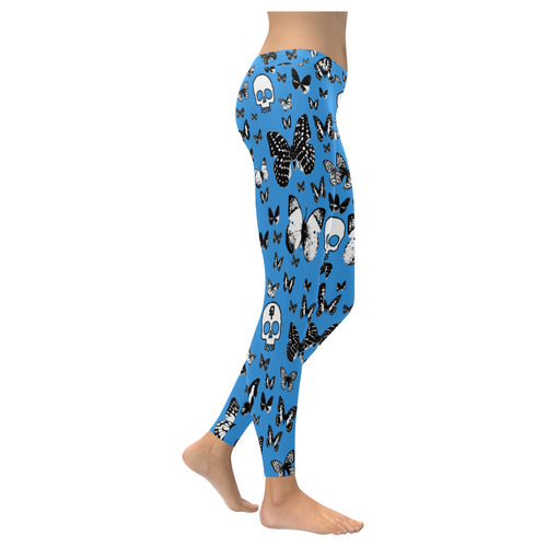 Skulls & Butterflies on Blue Women's Low Rise Leggings (Invisible Stitch) (Model L05)