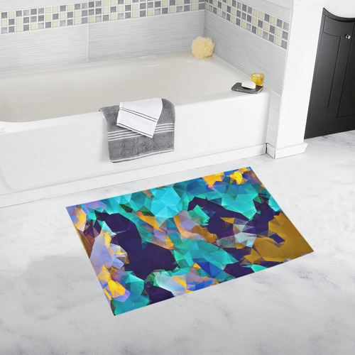 psychedelic geometric polygon abstract pattern in green blue brown yellow Bath Rug 20''x 32''