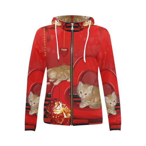 Cute kitten with hearts All Over Print Full Zip Hoodie for Women (Model H14)