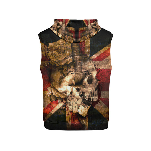 Grunge Skull and British Flag All Over Print Sleeveless Hoodie for Women (Model H15)