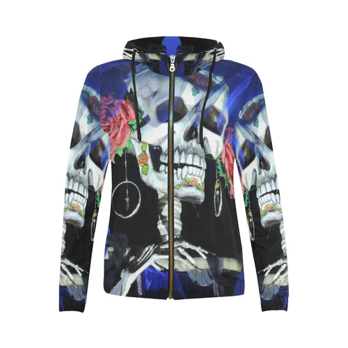 Sugar Skull and Roses All Over Print Full Zip Hoodie for Women (Model H14)