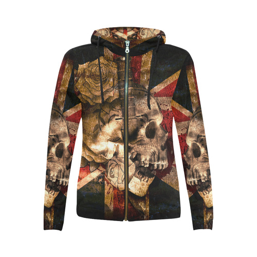 Grunge Skull and British Flag All Over Print Full Zip Hoodie for Women (Model H14)