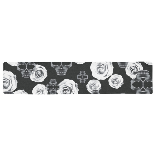 vintage skull and rose abstract pattern in black and white Table Runner 16x72 inch