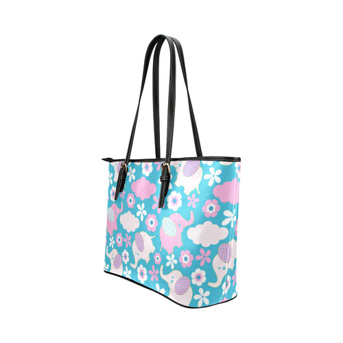 Cute Baby Pink Elephant Floral Leather Tote Bag/Large (Model 1651)