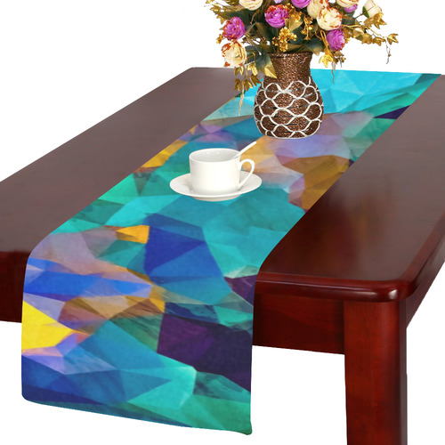 psychedelic geometric polygon abstract pattern in green blue brown yellow Table Runner 14x72 inch