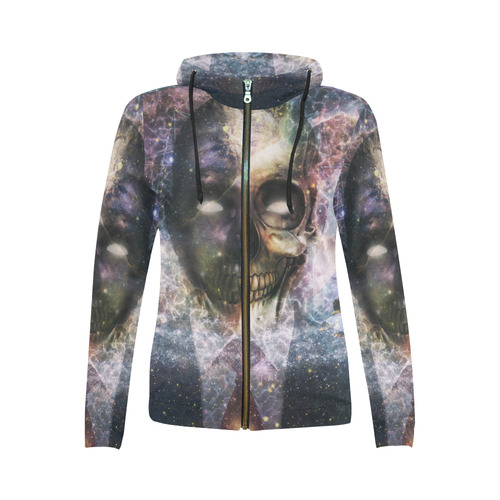 Psychedelic Skull and Galaxy All Over Print Full Zip Hoodie for Women (Model H14)