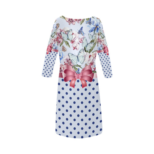 Watercolor Flowers Butterflies Polka Dots Ribbon B Round Collar Dress (D22)