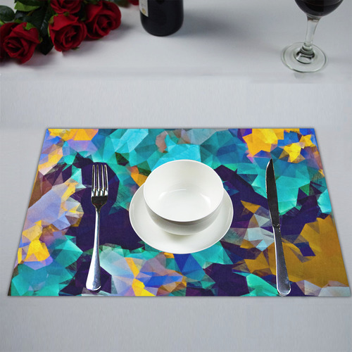 psychedelic geometric polygon abstract pattern in green blue brown yellow Placemat 14’’ x 19’’ (Set of 6)