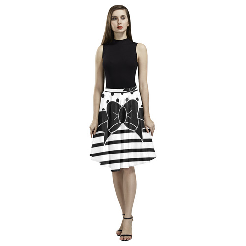 Polka Dots Stripes black white Ribbon black Melete Pleated Midi Skirt (Model D15)