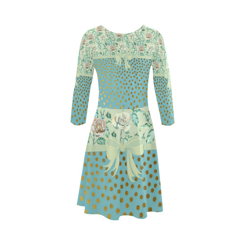 Vintage Roses Polka Dots Ribbon - Teal Gold 3/4 Sleeve Sundress (D23)