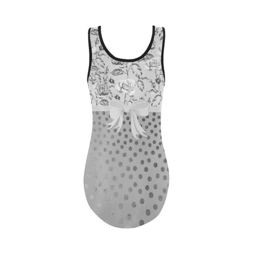 Vintage Roses Polka Dots Ribbon - Grey Silver Vest One Piece Swimsuit (Model S04)