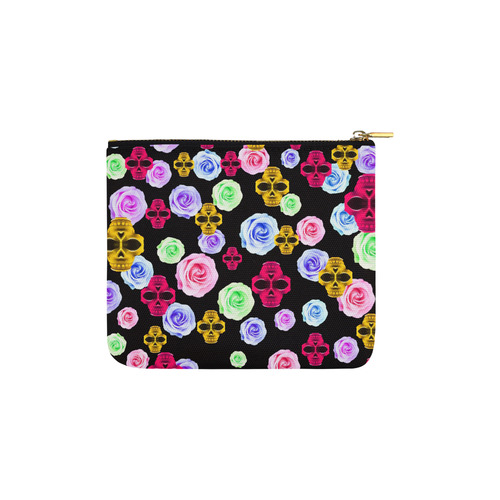 skull portrait in pink and yellow with colorful rose and black background Carry-All Pouch 6''x5''