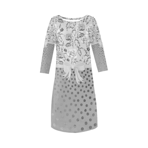 Vintage Roses Polka Dots Ribbon - Grey Silver Round Collar Dress (D22)