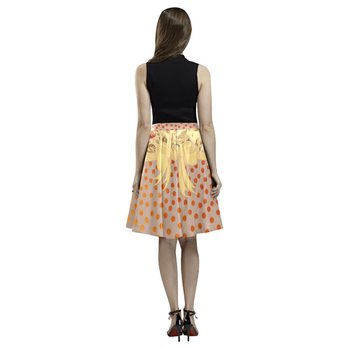 Vintage Roses Polka Dots Ribbon - Red Gold Melete Pleated Midi Skirt (Model D15)