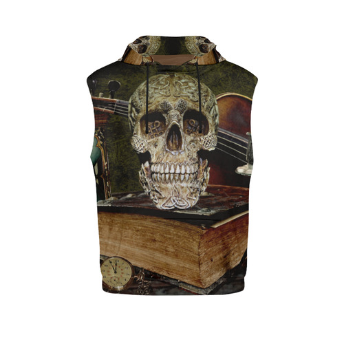 Funny Skull and Book All Over Print Sleeveless Hoodie for Women (Model H15)