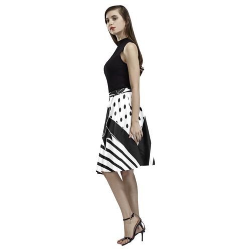 Polka Dots Stripes black white Ribbon black Melete Pleated Midi Skirt (Model D15)