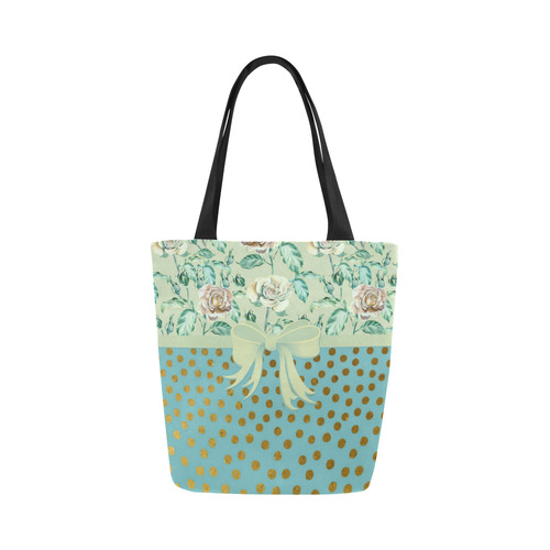 Vintage Roses Polka Dots Ribbon - Teal Gold Canvas Tote Bag (Model 1657)