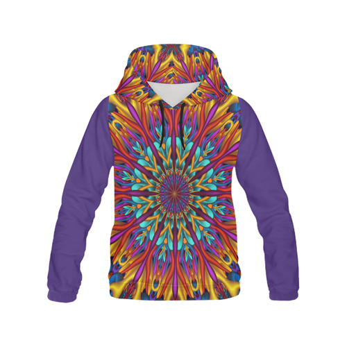 Psychedelic 3D fractal mandala Purple Sleeves Version All Over Print Hoodie for Women (USA Size) (Model H13)