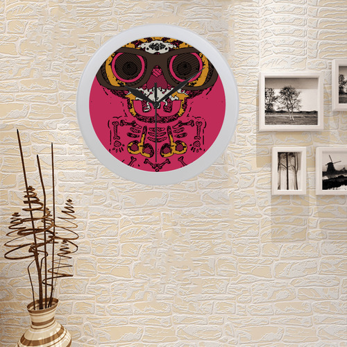 funny skull and bone graffiti drawing in orange brown and pink Circular Plastic Wall clock