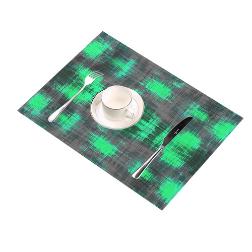 psychedelic geometric plaid abstract pattern in green and black Placemat 14’’ x 19’’ (Set of 2)