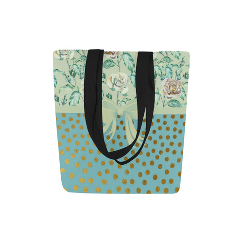 Vintage Roses Polka Dots Ribbon - Teal Gold Canvas Tote Bag (Model 1657)