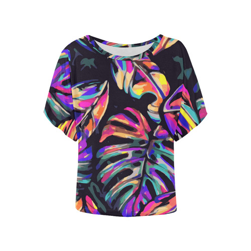 Colorful Tropical Jungle Leaves Floral Women's Batwing-Sleeved Blouse T shirt (Model T44)