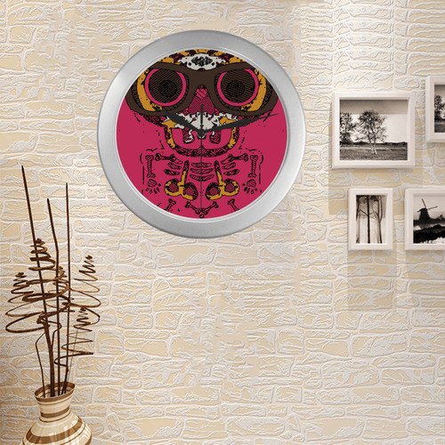 funny skull and bone graffiti drawing in orange brown and pink Silver Color Wall Clock