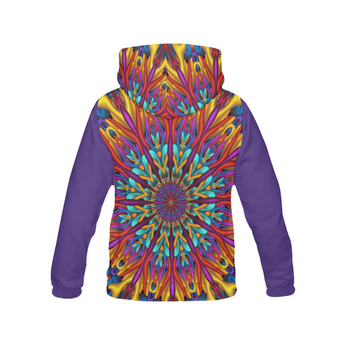 Psychedelic 3D fractal mandala Purple Sleeves Version All Over Print Hoodie for Women (USA Size) (Model H13)