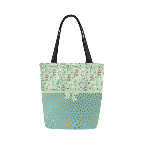 Vintage Roses Polka Dots Ribbon - Teal Gold Canvas Tote Bag (Model 1657)