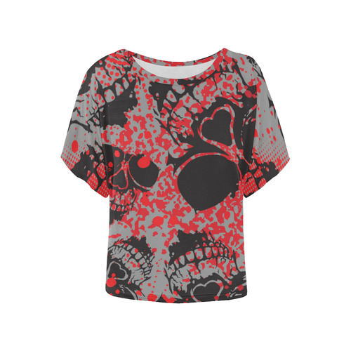 Skull With Red Dot Background Women's Batwing-Sleeved Blouse T shirt (Model T44)